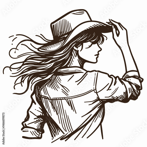 Cowgirl Fixing hat in wind. Western cowgirl Outline Clipart line art doodle vector illustration. Ranch woman adjusting headwear gust attire outdoor lifestyle.