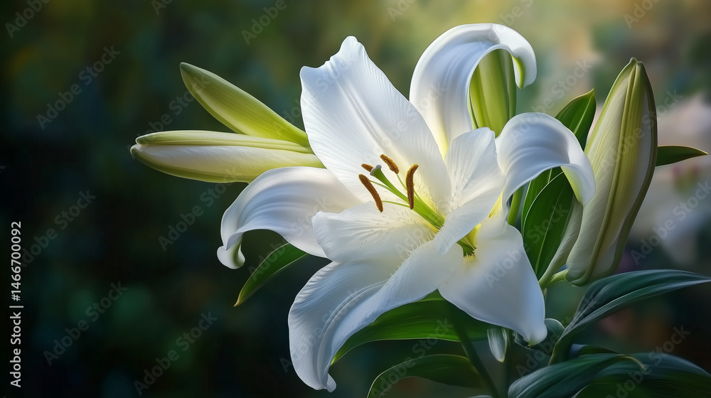 Serene white lily flower blossoms bathed in soft sunlight against a blurred dark green background Serene white lily flower blossoms bathed in soft sunlight against a blurred dark green background