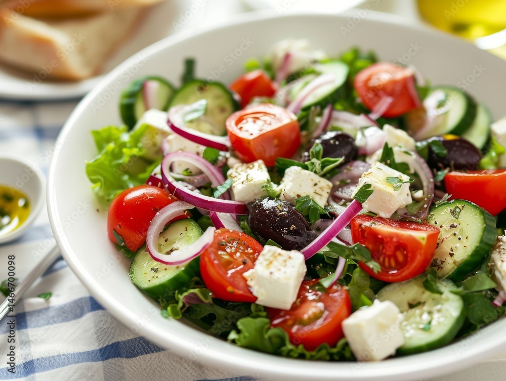 Fresh Greek Salad Served on a Clean White Table with Crisp Vegetables and Olive Oil Drippings on a Wooden Cutting Board Fresh Greek Salad Served on a Clean White Table with Crisp Vegetables and Olive Oil Drippings on a Wooden Cutting Board