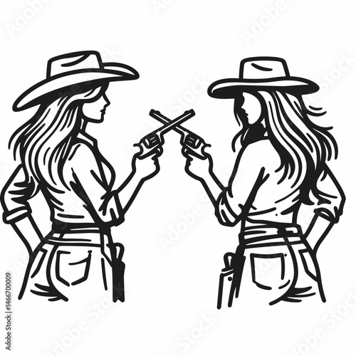 Cowgirl Facing off in duel. Western cowgirl Outline Clipart line art doodle vector illustration. female confronting rival showdown at high noon old west combat.