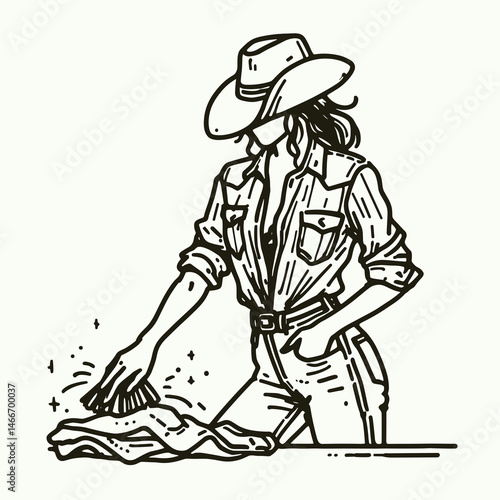 Cowgirl Dusting off clothes. Western cowgirl Outline Clipart line art doodle vector illustration. Rancher woman wiping attire removing loam garb cleanup routine.