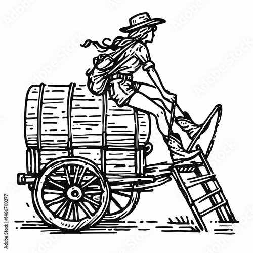 Cowgirl Climbing onto wagon. Western cowgirl Outline Clipart line art doodle vector illustration. woman ascending horsedrawn cart rural vista vintage conveyance action.