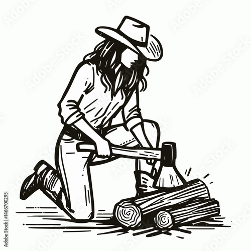 Cowgirl Chopping wood. Western cowgirl Outline Clipart line art doodle vector illustration. gal wielding ax timber splitting action in rustic ranch surrounding.