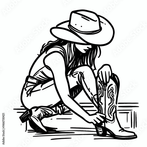Cowgirl Checking boot spurs. Western cowgirl Outline Clipart line art doodle vector illustration. Female equestrian inspecting heel prong attire fashion metal decoration.