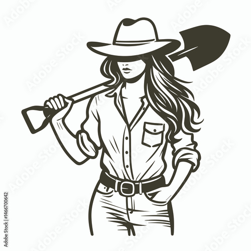 Cowgirl Carrying a shovel. Western cowgirl Outline Clipart line art doodle vector illustration. Ranch woman toting spade country lifestyle farming instrument.