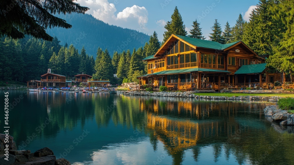 Scenic view of a wooden lodge reflecting on a serene lake surrounded by trees Scenic view of a wooden lodge reflecting on a serene lake surrounded by trees