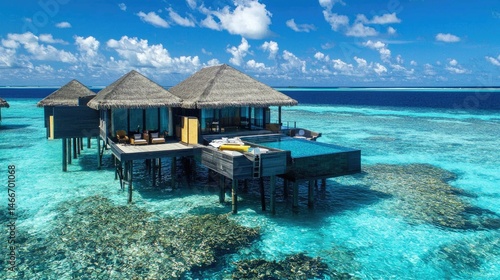Luxurious overwater bungalow with private pool in tropical paradise.