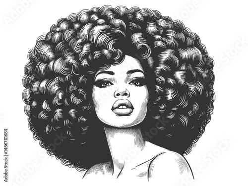 woman with a voluminous afro hairstyle and hoop earrings, exuding strength, beauty, and vintage artistic elegance sketch engraving generative ai vector illustration. Scratch board. Black and white.