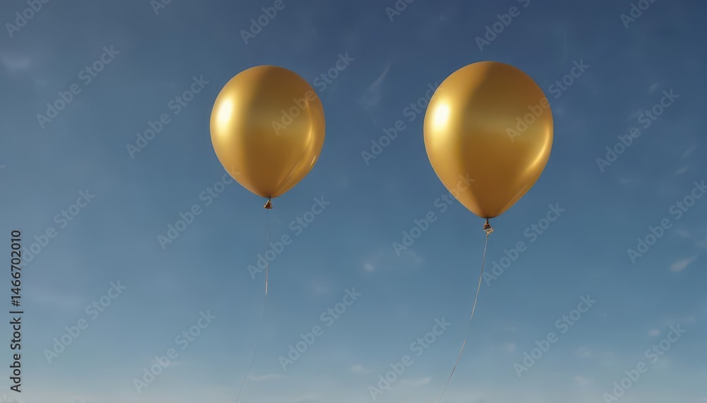 Fototapeta premium A shimmering gold balloon floats on a long string against a clear sky , graphic, decoration, texture