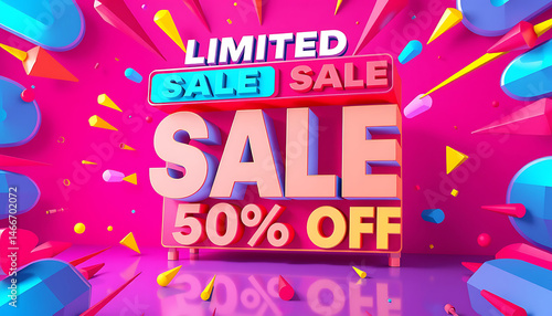 Wallpaper Mural Vibrant 3D Sale Advertisement with '50% OFF' and Geometric Shapes on Pink-Purple Gradient Torontodigital.ca