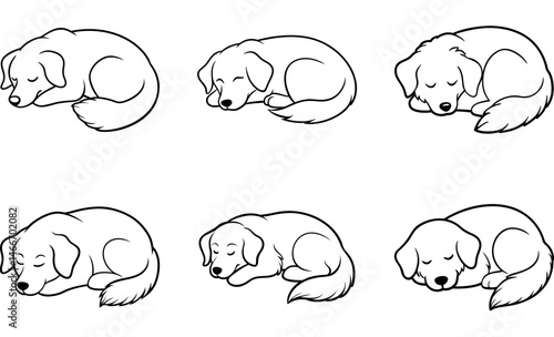 Sleeping Puppy Dog Illustration Set, Hand-Drawn Vector Design