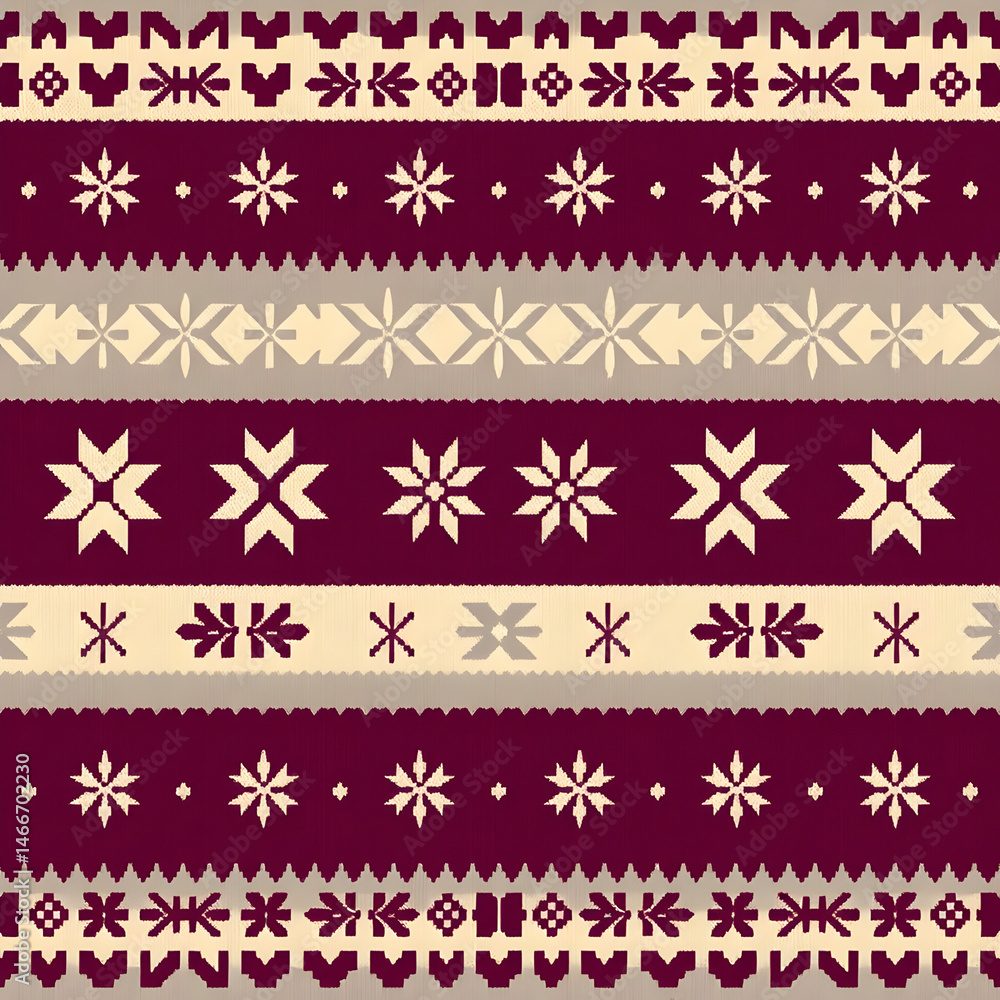 Elegant Fair Isle snowflake plum and cream winter knit, seamless pattern. Elegant Fair Isle snowflake plum and cream winter knit, seamless pattern.