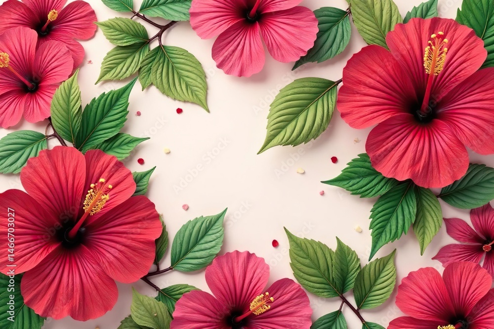 Obraz premium Bold hibiscus flowers arranged in a stylized geometric pattern , flower, leaves, wallpaper