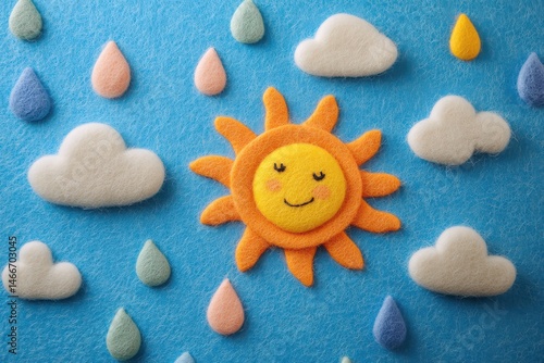 Cute felt sun with clouds and raindrops on blue background