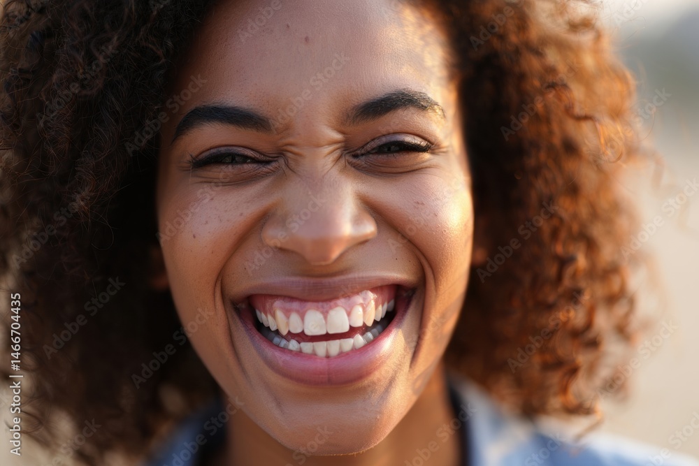 Joyful expression of a young woman with radiant smile and natural curly hair outdoors Joyful expression of a young woman with radiant smile and natural curly hair outdoors