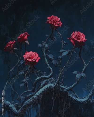 Five red roses bloom against a dark blue background in a moody oil painting style floral arrangement