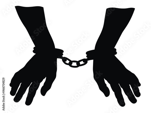 Handcuff hands silhouette vector, A pair of hands chained with handcuff to a chain and a text words freedom, vector silhouette illustration