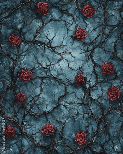 Roses and Branches Pattern on Textured Blue Background Overhead View Romantic Floral Design