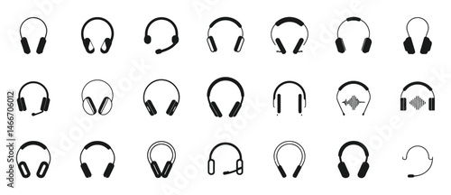 Headphone icon collection in black silhouette style, including headset, earphone, and sound symbols, perfect for audio, music, and podcast design

