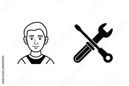 Technician or mechanic concept with tools and a person in simple black and white style