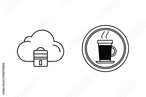 Cloud storage with secure server and hot coffee mug for online cafe or business concepts
