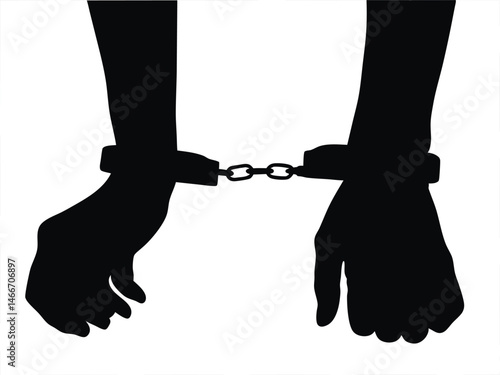 Handcuff hands silhouette vector, A pair of hands chained with handcuff to a chain and a text words freedom, vector silhouette illustration