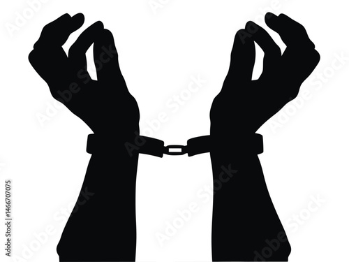 Handcuff hands silhouette vector, A pair of hands chained with handcuff to a chain and a text words freedom, vector silhouette illustration