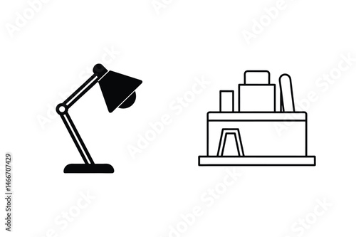 Vector illustration of desk lamp and bookshelf depicting modern home office interior