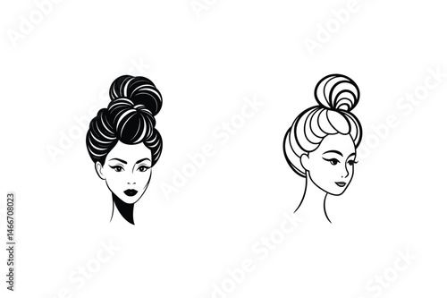 Elegant black and white vector illustrations of women with stylish and chic updo hairstyles