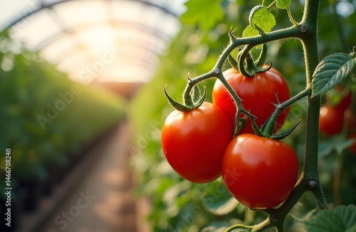 Tomatoes on the vine in a sunny greenhouse soft bokeh background