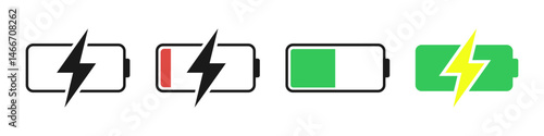 Charging icon. Battery charge vector set. Charging empty battery to full sign. Low power level recharge to full. Isolated battery set.