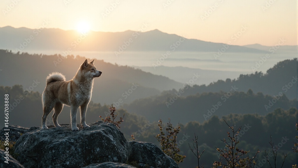 Obraz premium Akita dog overlooks misty valley