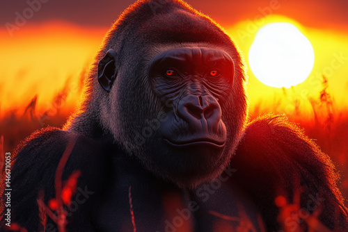 A Gorilla’s Calm Gaze in the Golden Sunrise – Portrait of Strength and Serenity in the Wild.
