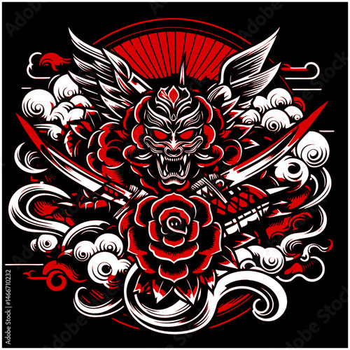 Bold Japanese-inspired artwork featuring a demonic skull trio, red roses, swirling smoke, and a central oni mask with red horns sketch generative ai vector illustration. Black and white image.