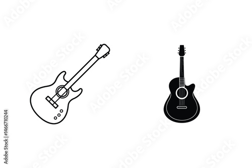 Simple black and white illustrations of an electric guitar and an acoustic guitar isolated