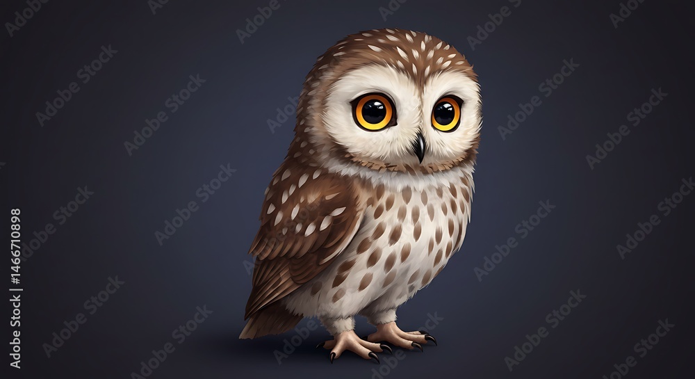 Fototapeta premium Cartoon Owl Standing on Dark Background, Looking Forward