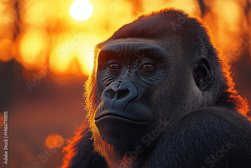 A Gorilla’s Calm Gaze in the Golden Sunrise – Portrait of Strength and Serenity in the Wild.