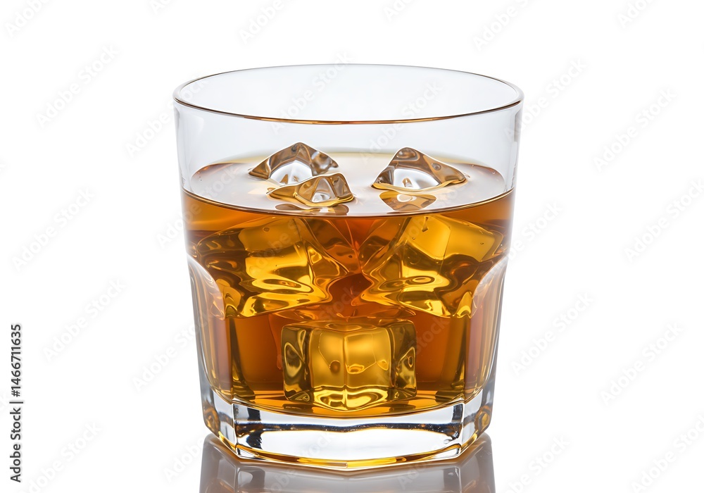A glass filled with an amber liquid and ice cubes on a white background in a studio shot image A glass filled with an amber liquid and ice cubes on a white background in a studio shot image