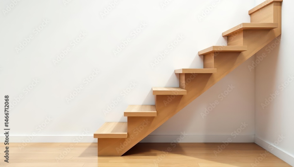 Wooden staircase, white background, clean lines, building, perspective Wooden staircase, white background, clean lines, building, perspective