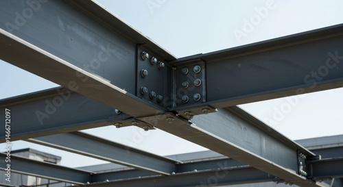Industrial steel beam construction framework with bolted connections in clear sky