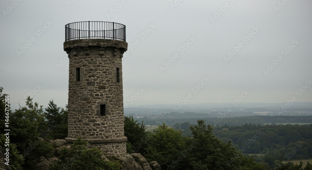 Historic stone tower overlooking scenic forest landscape under overcast sky Historic stone tower overlooking scenic forest landscape under overcast sky