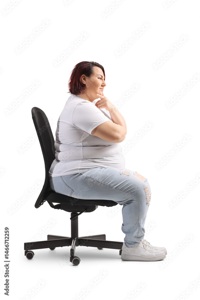 Pensive overweight woman sitting in an office chair Pensive overweight woman sitting in an office chair