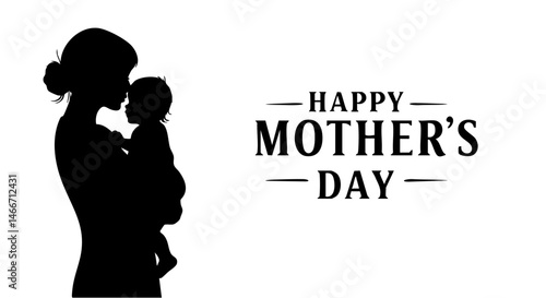 Happy Mother's Day elegant greeting. Black silhouette vector illustration of a mother tenderly holding and kissing her baby. Minimalist design on white background.

