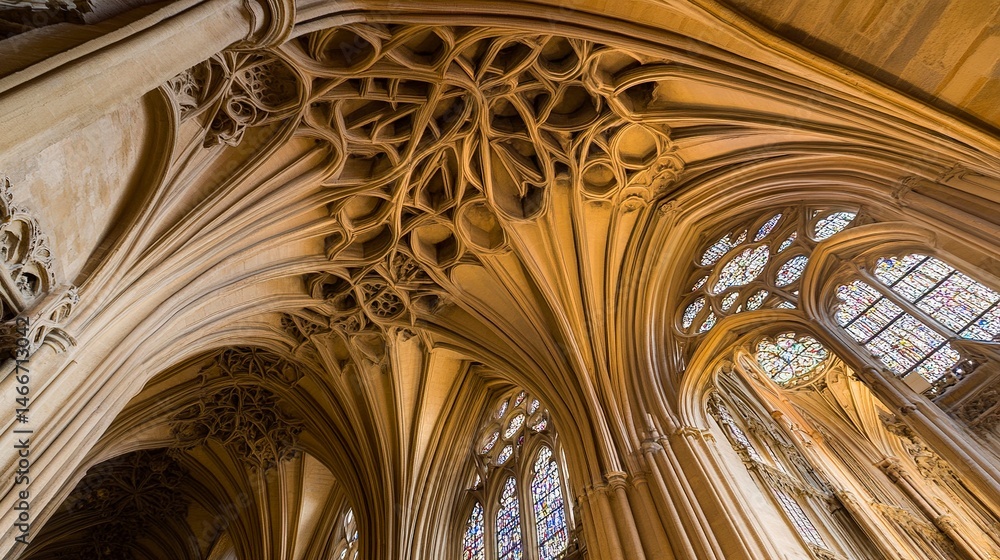 Obraz premium Intricate Gothic interior, ribbed vaults and pointed arches glowing under warm light, delicate stonework forming harmonious patterns, upward wide-angle framing. 