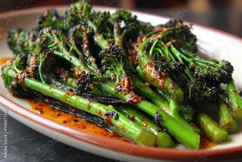 Charred broccolini with miso glaze --ar 3:2 --v 7 Job ID: 72cd7c2e-57b4-4dcb-ab90-e8ab179ae3e8