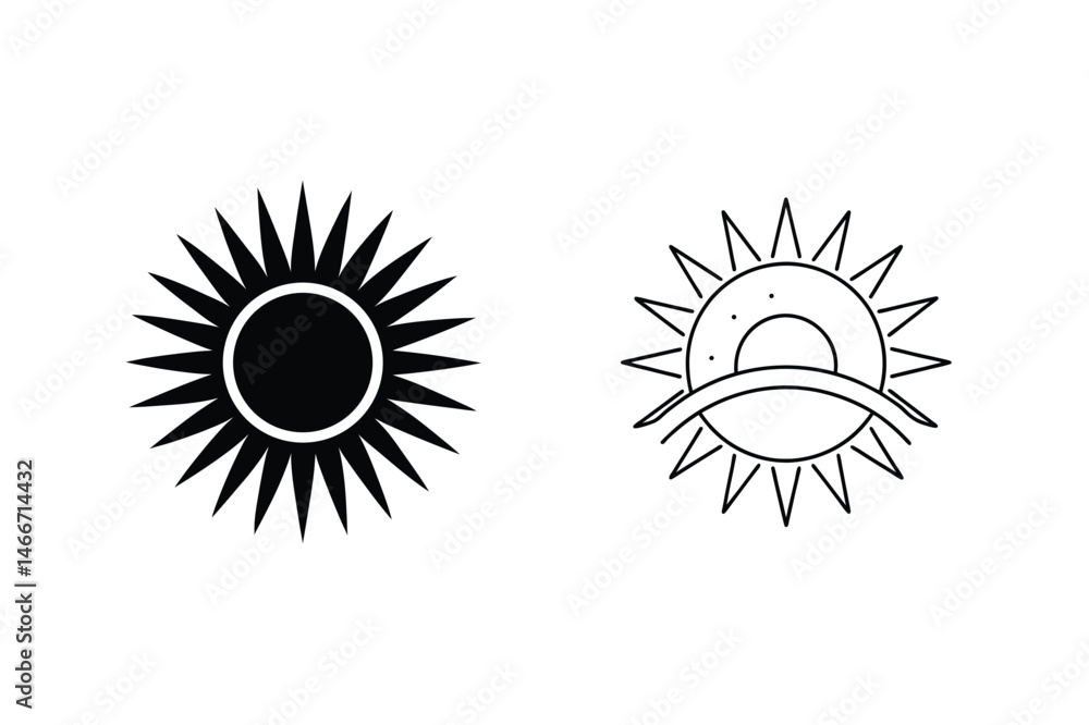 Fototapeta premium Two simplified sun icons in black and white perfect for summer designs and logos