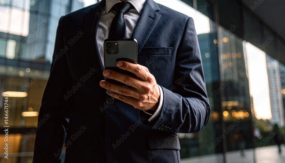 Businessman holding smart phone, glass on building reflection. Businessman holding smart phone, glass on building reflection.