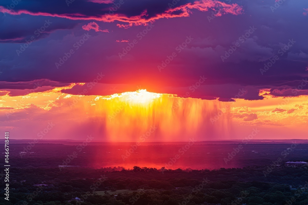 Obraz premium Colorful sunset over distant landscape with dramatic clouds