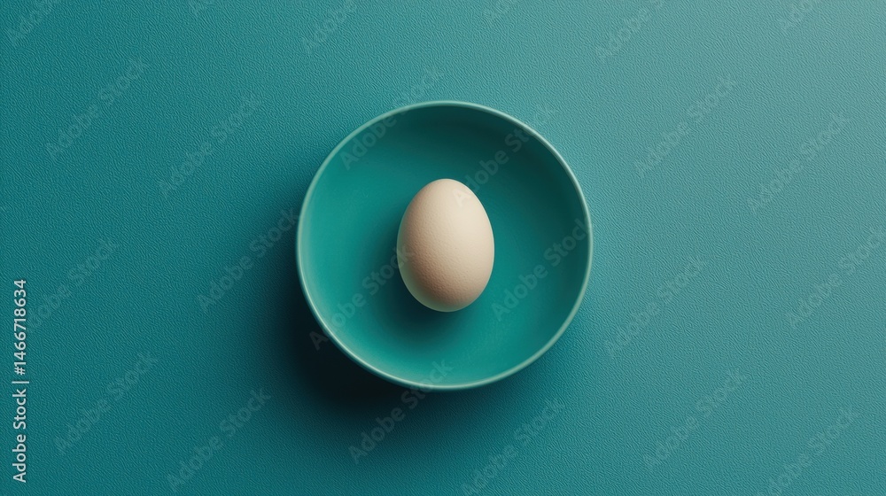 A single white egg sits in a blue bowl against a blue background. A single white egg sits in a blue bowl against a blue background.