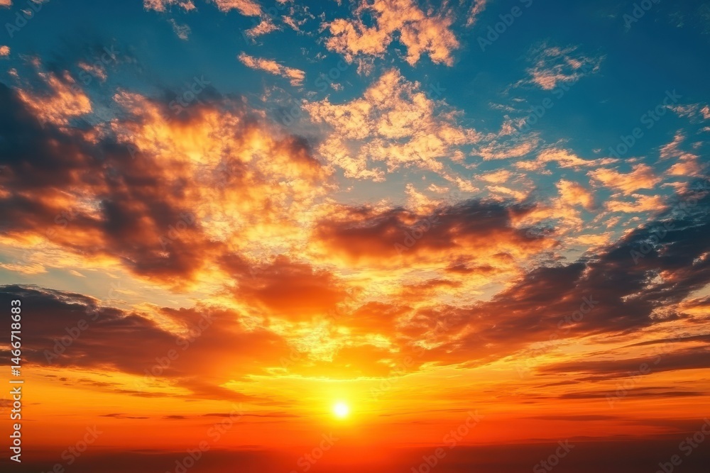 Obraz premium Vibrant sunset sky with dramatic orange clouds over horizon